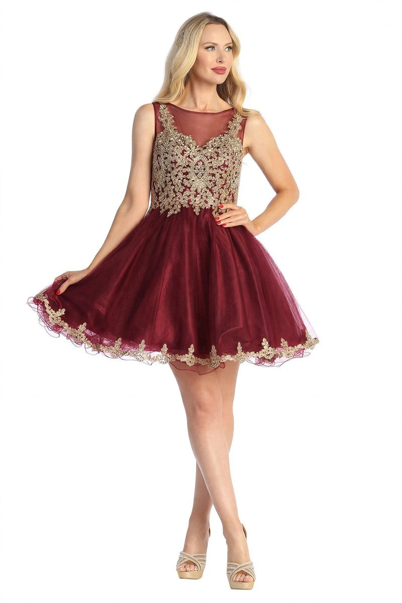 Burgundy sleeveless embellished cocktail dress, front view