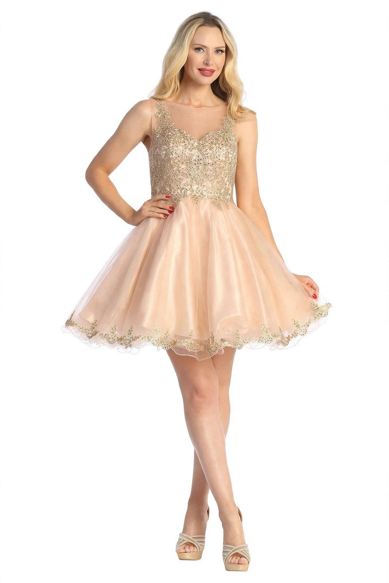 Champagne sleeveless embellished cocktail dress, front view