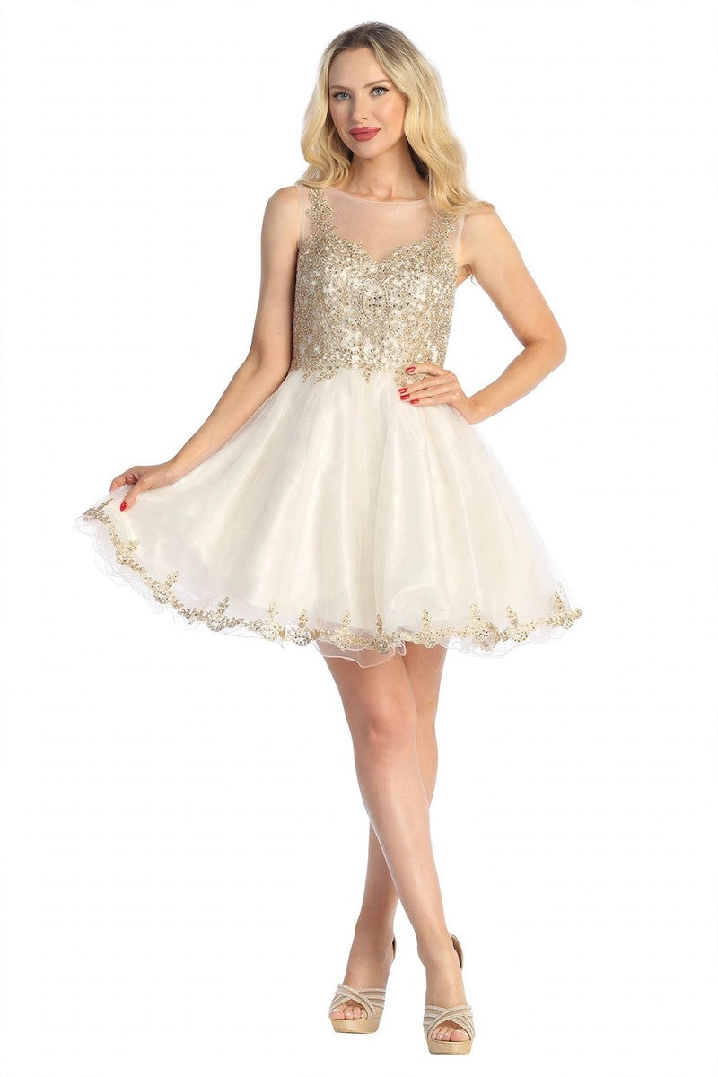 Off White sleeveless embellished cocktail dress, front view