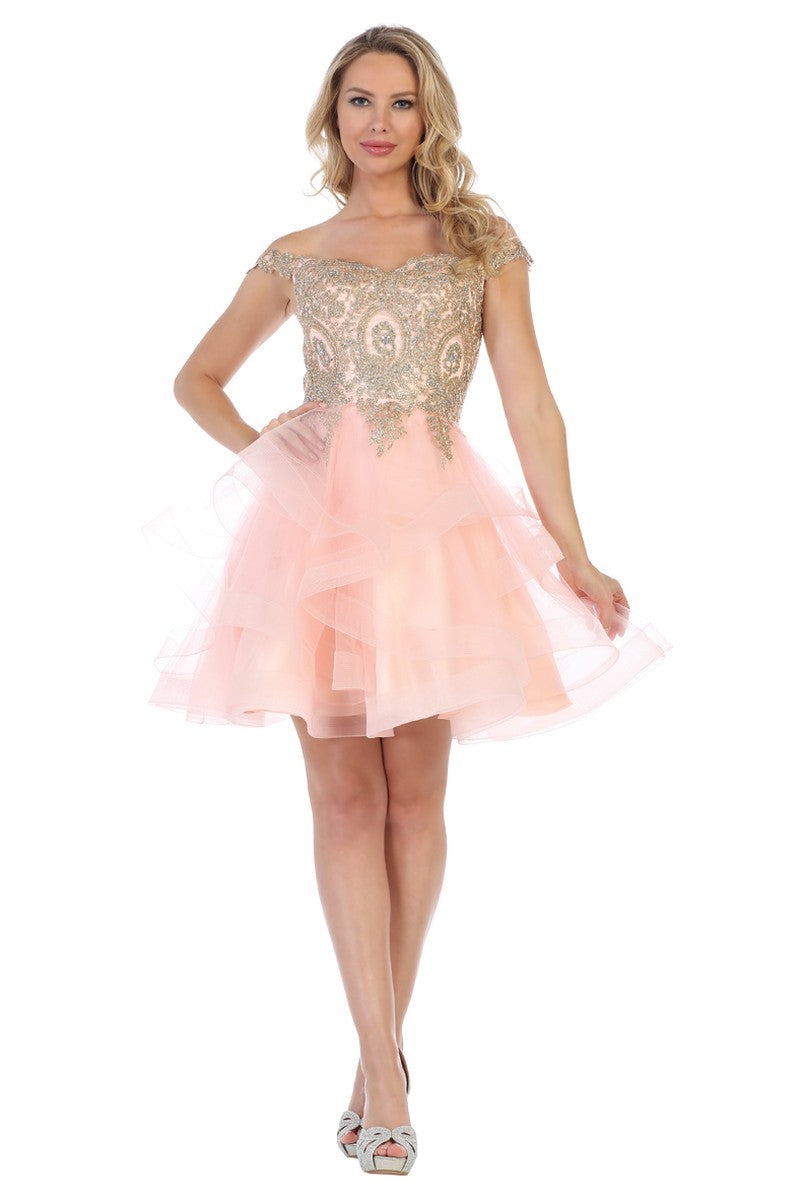 Blush off shoulder beaded bodice tulle cocktail dress, front view
