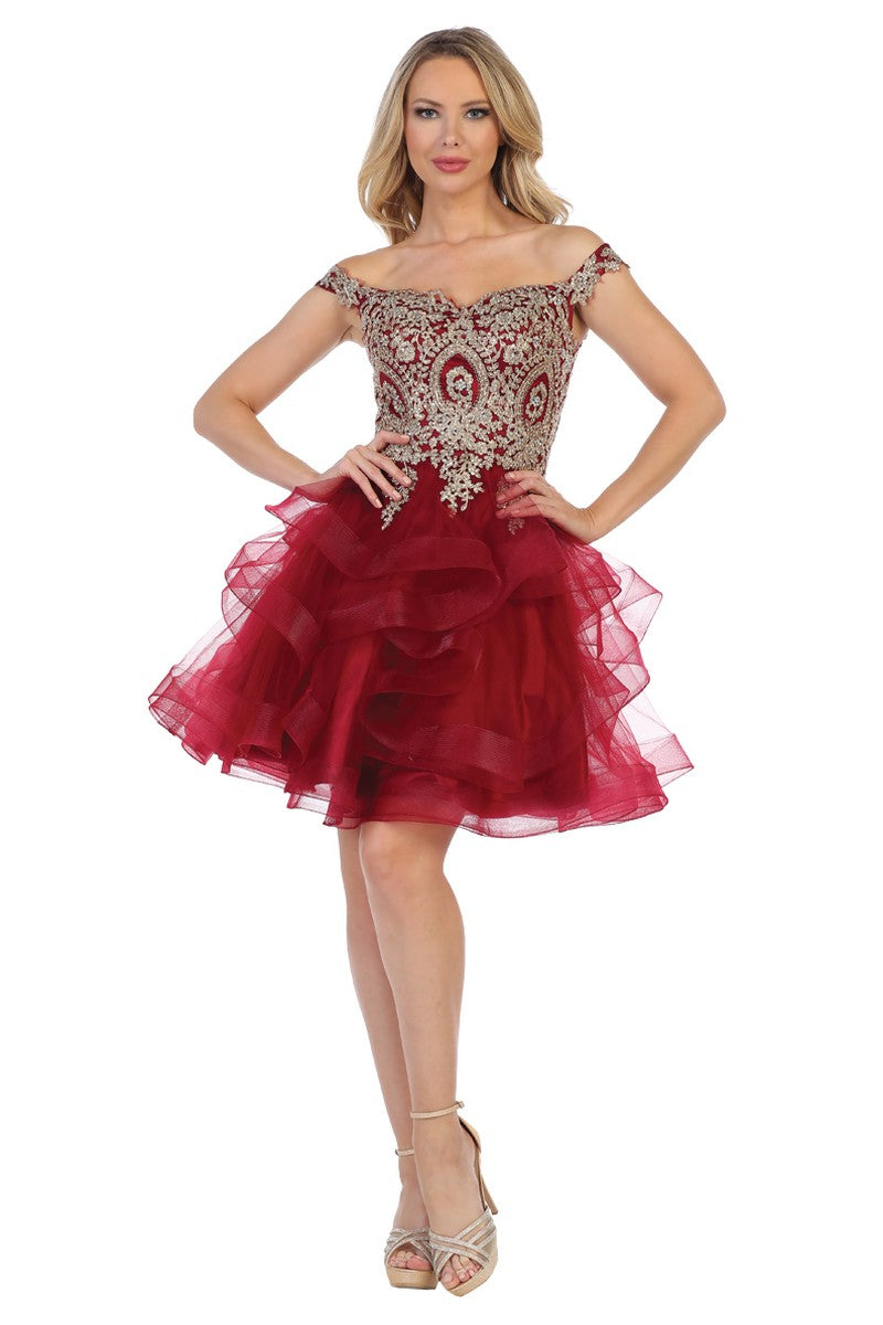 Burgundy off shoulder beaded bodice tulle cocktail dress, front view