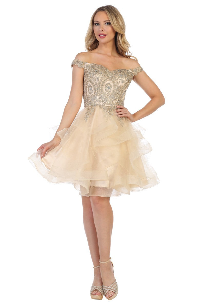 Champagne off shoulder beaded bodice tulle cocktail dress, front view