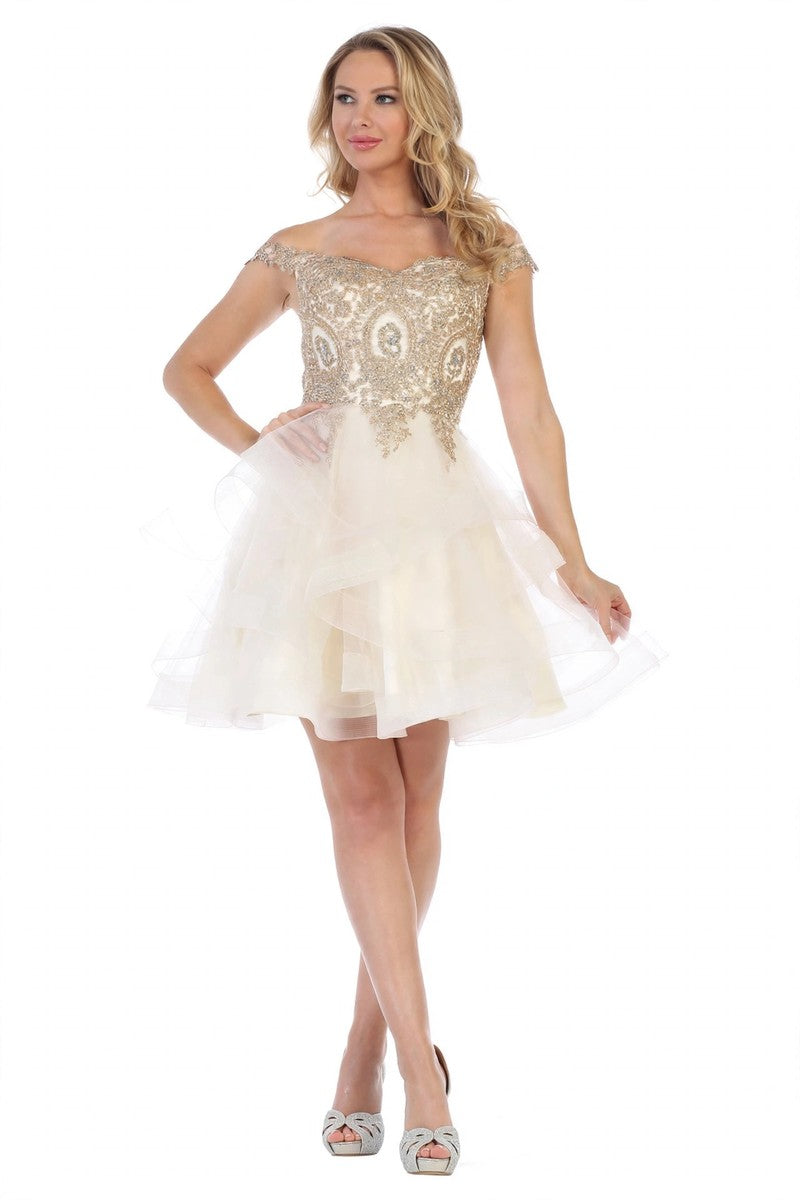 Ivory off shoulder beaded bodice tulle cocktail dress, front view