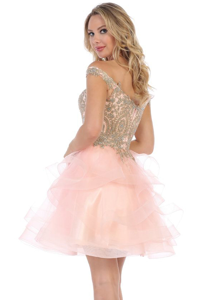 Off Shoulder Beaded Bodice Tulle Cocktail Dress | 196-114