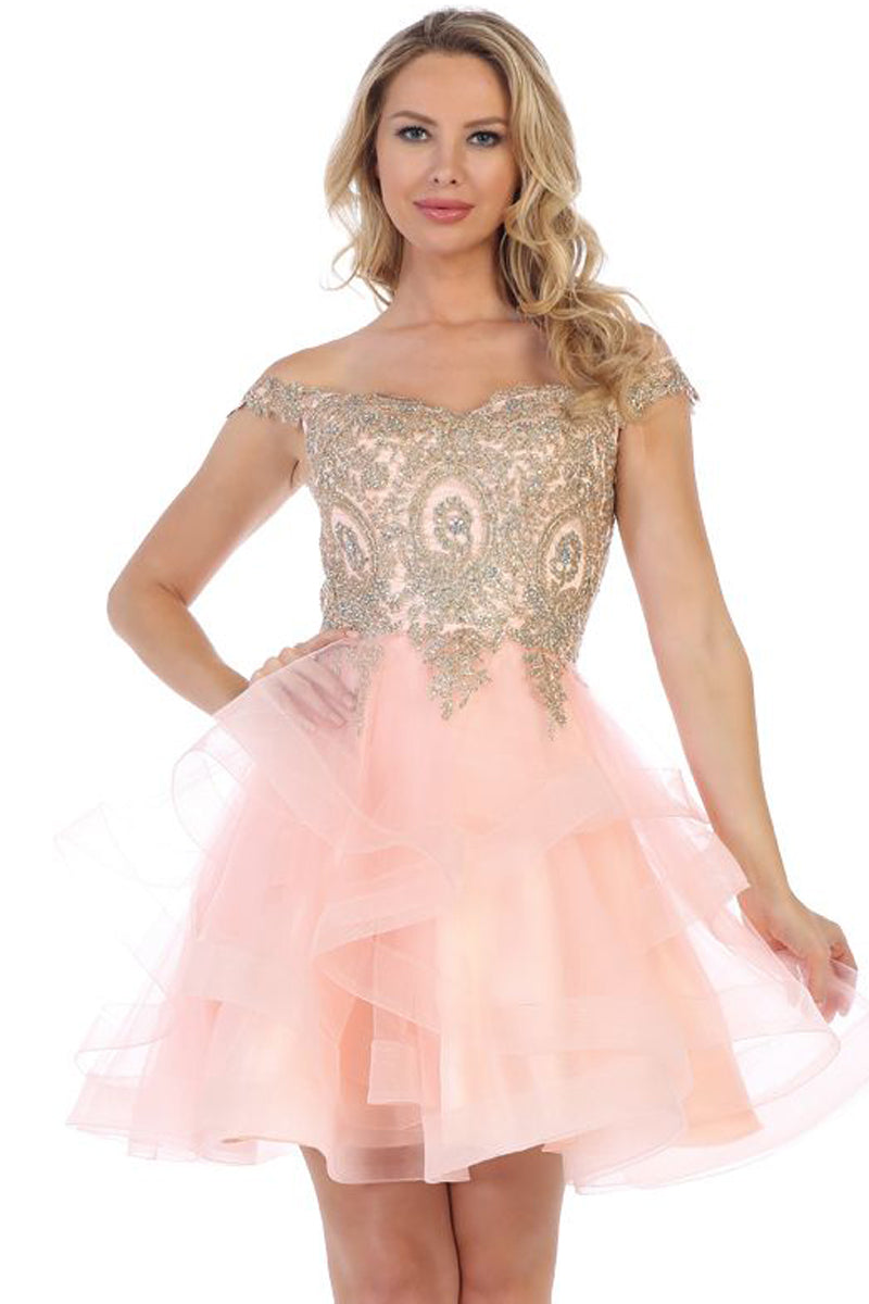 Off Shoulder Beaded Bodice Tulle Cocktail Dress | 196-114