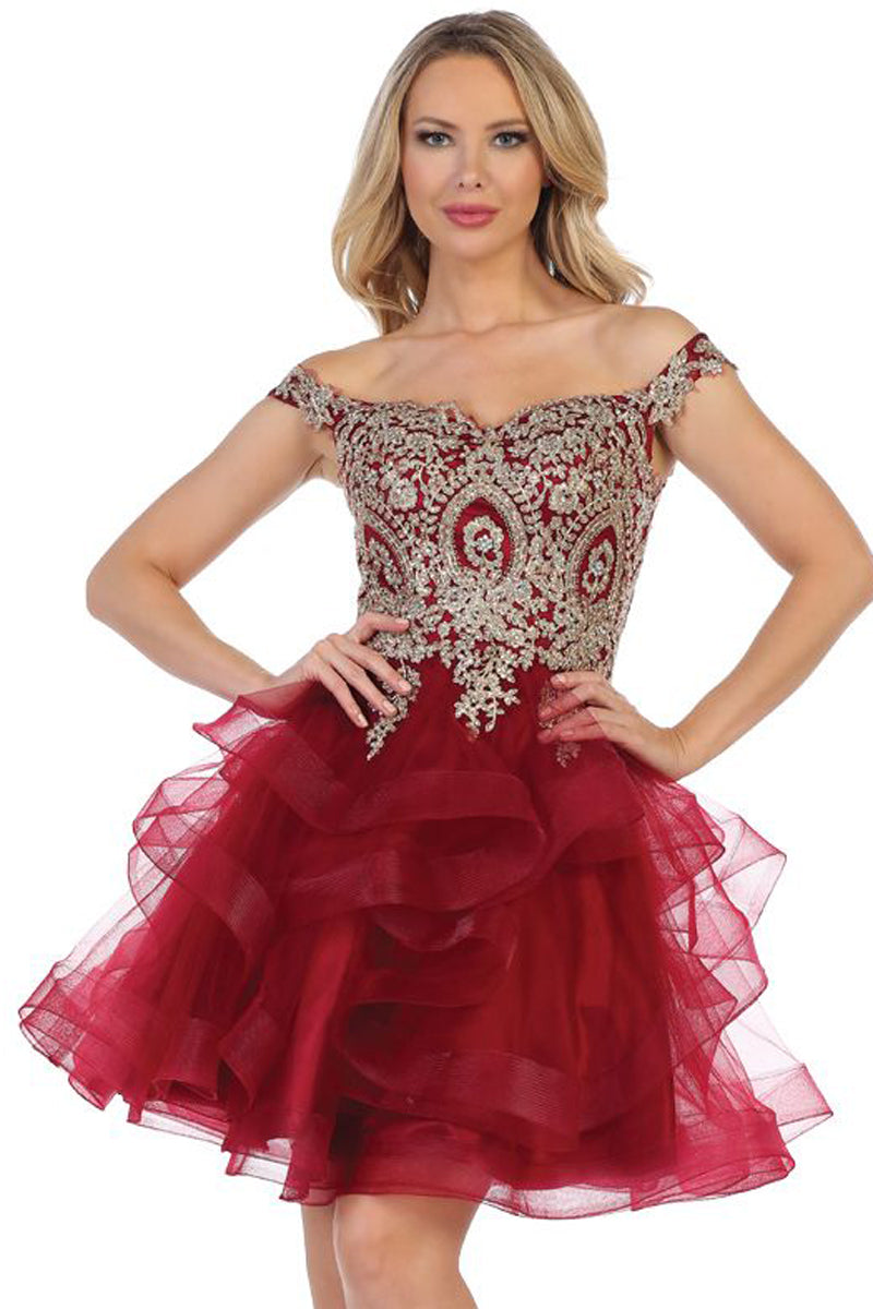 Off Shoulder Beaded Bodice Tulle Cocktail Dress | 196-114
