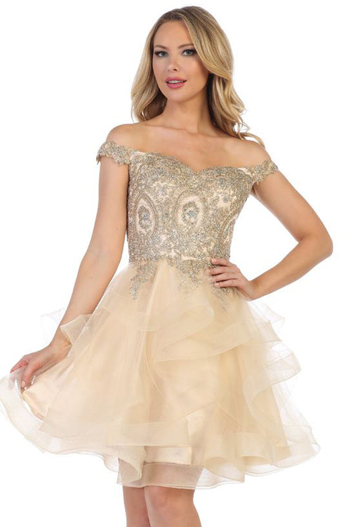 Off Shoulder Beaded Bodice Tulle Cocktail Dress | 196-114