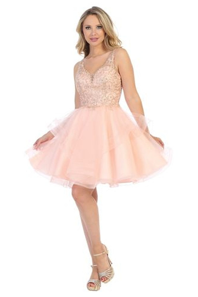Blush sleeveless embellished tulle a-line cocktail dress, front view