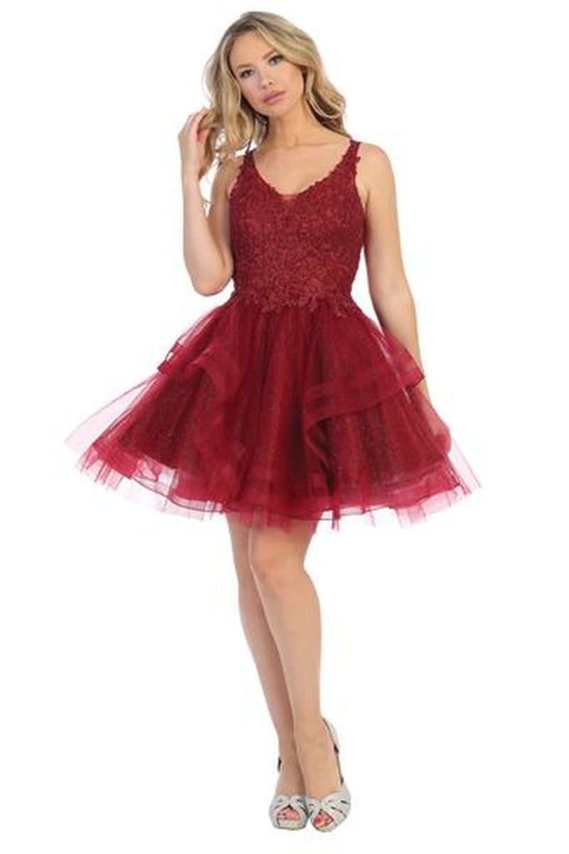 Burgundy sleeveless embellished tulle a-line cocktail dress, front view