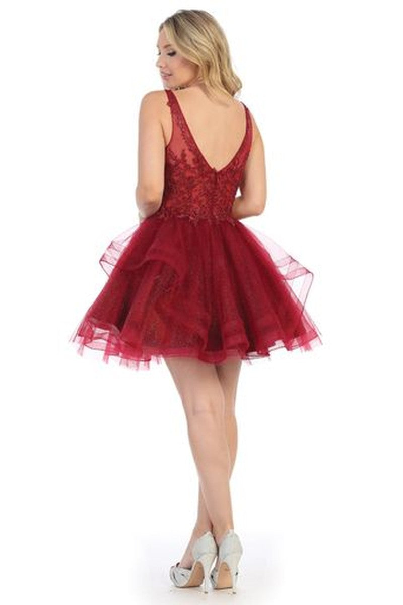 Burgundy sleeveless embellished tulle a-line cocktail dress, back view