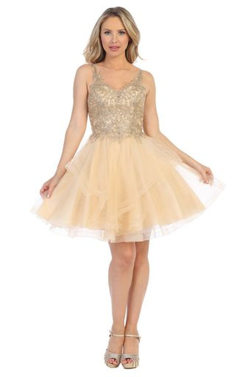 Champagne sleeveless embellished tulle a-line cocktail dress, front view