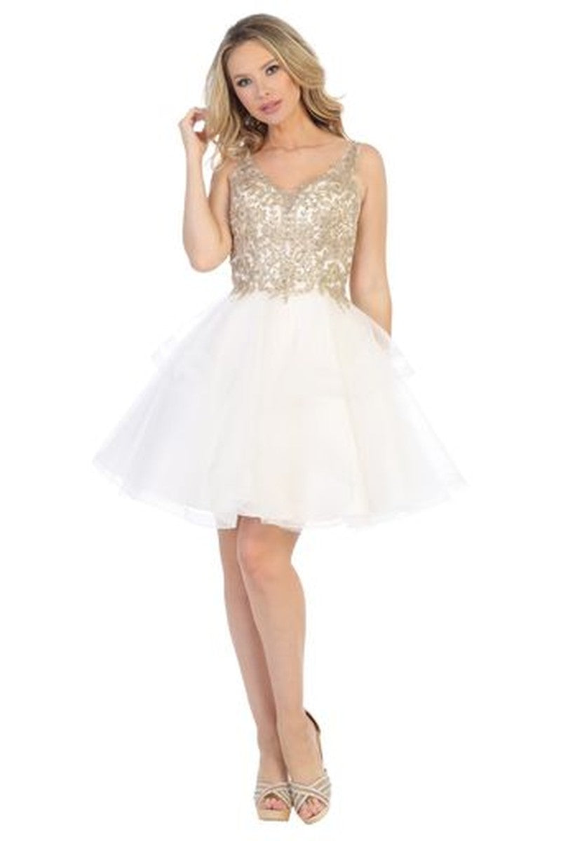 Ivory sleeveless embellished tulle a-line cocktail dress, front view