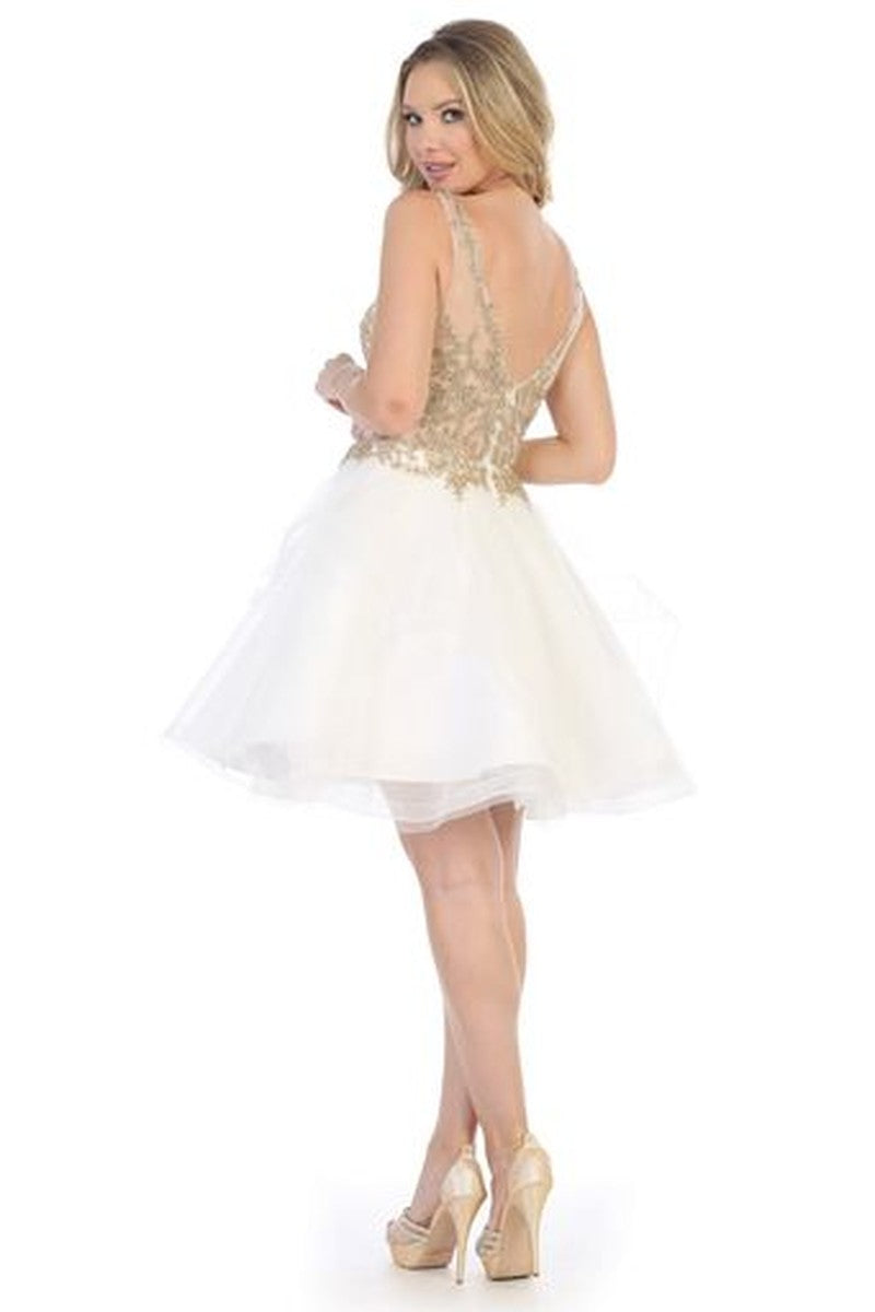 Ivory sleeveless embellished tulle a-line cocktail dress, back view