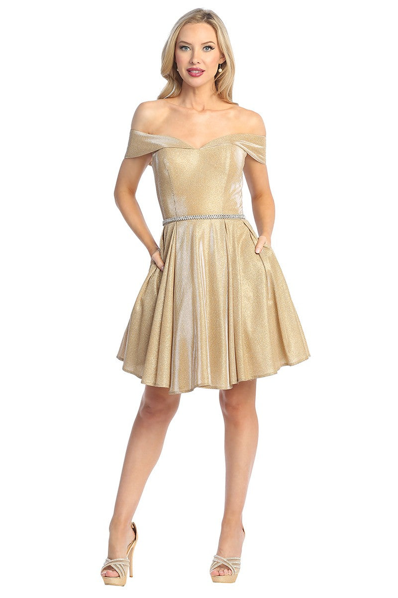 Champagne off shoulder metallic a-line cocktail dress, front view