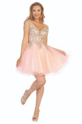 Blush sleeveless embellished tulle a-line cocktail dress, front view