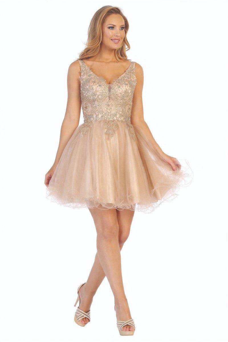 Champagne sleeveless embellished tulle a-line cocktail dress, front view