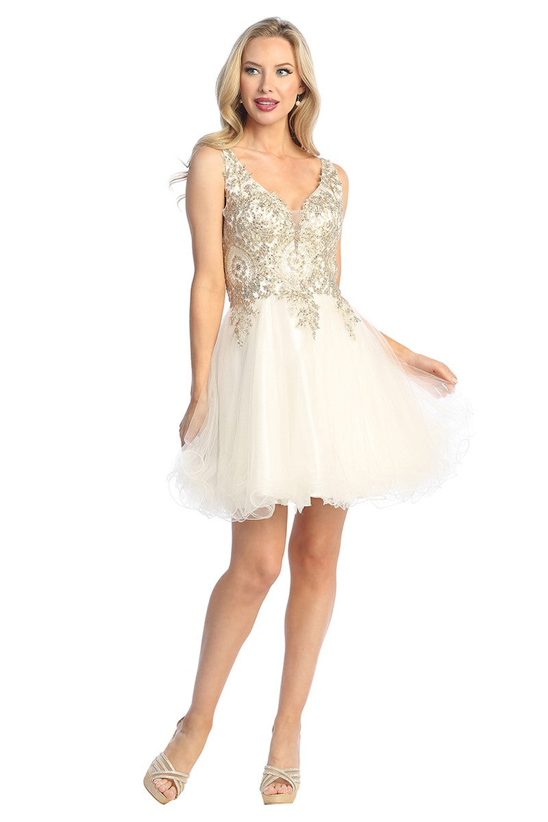 Ivory sleeveless embellished tulle a-line cocktail dress, front view