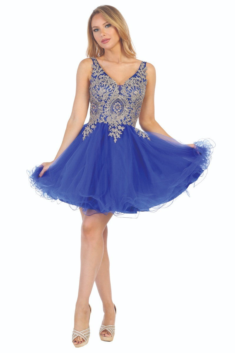 Royal Blue sleeveless embellished tulle a-line cocktail dress, front view