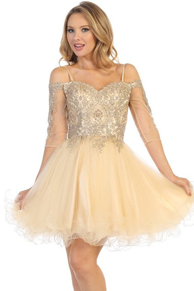 Three-Quarter Sleeve Tulle A-Line Cocktail Dress | 196-239