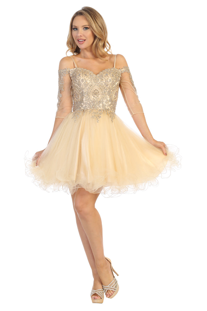 Three-Quarter Sleeve Tulle A-Line Cocktail Dress | 196-239