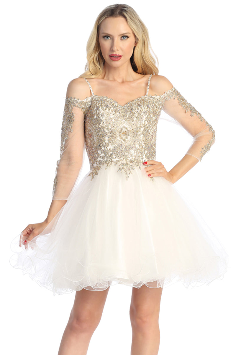 Three-Quarter Sleeve Tulle A-Line Cocktail Dress | 196-239