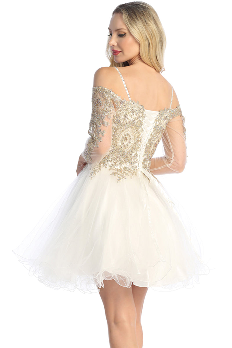 Three-Quarter Sleeve Tulle A-Line Cocktail Dress | 196-239