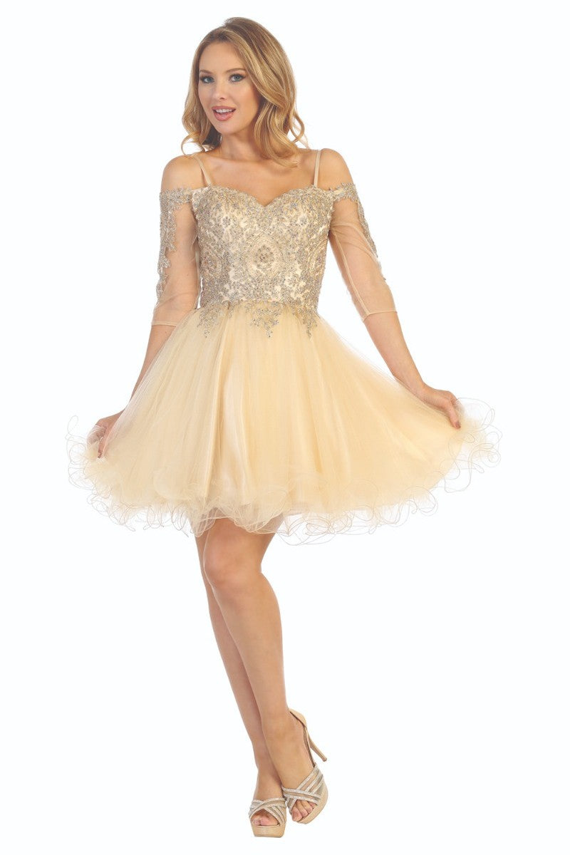Champagne three-quarter sleeve tulle a-line cocktail dress, front view