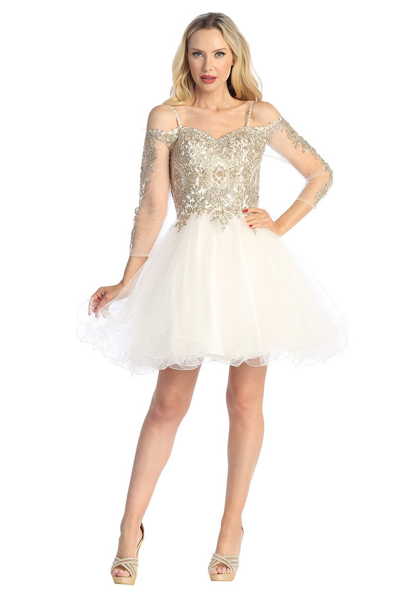 Ivory three-quarter sleeve tulle a-line cocktail dress, front view