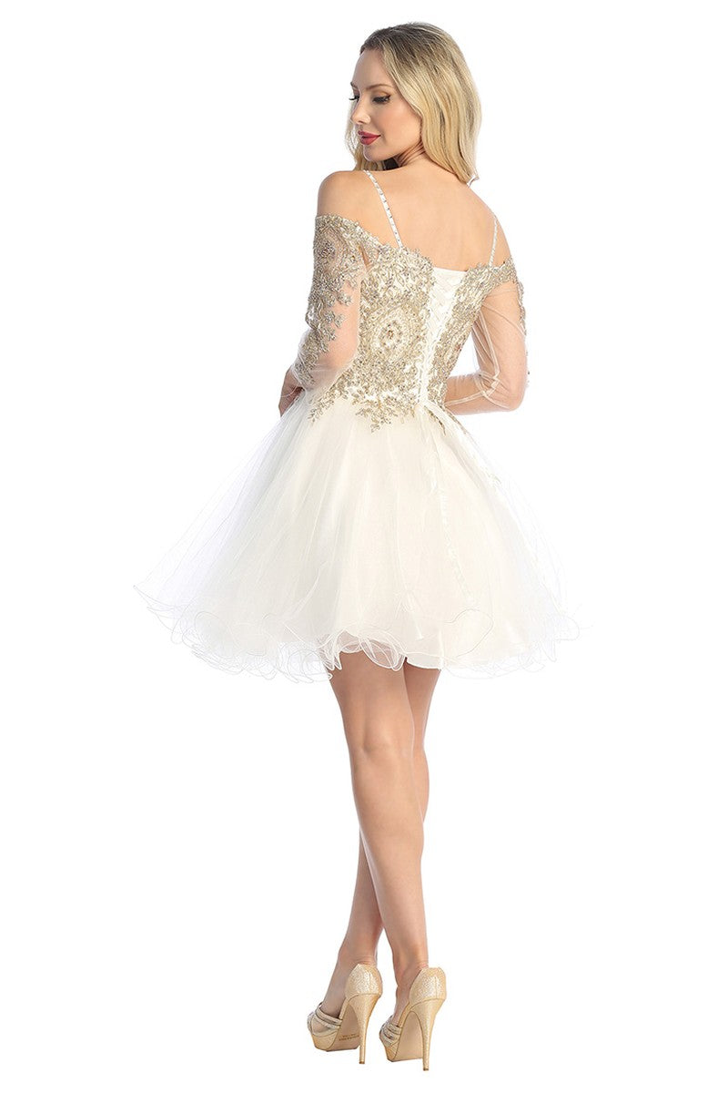 Ivory three-quarter sleeve tulle a-line cocktail dress, back view