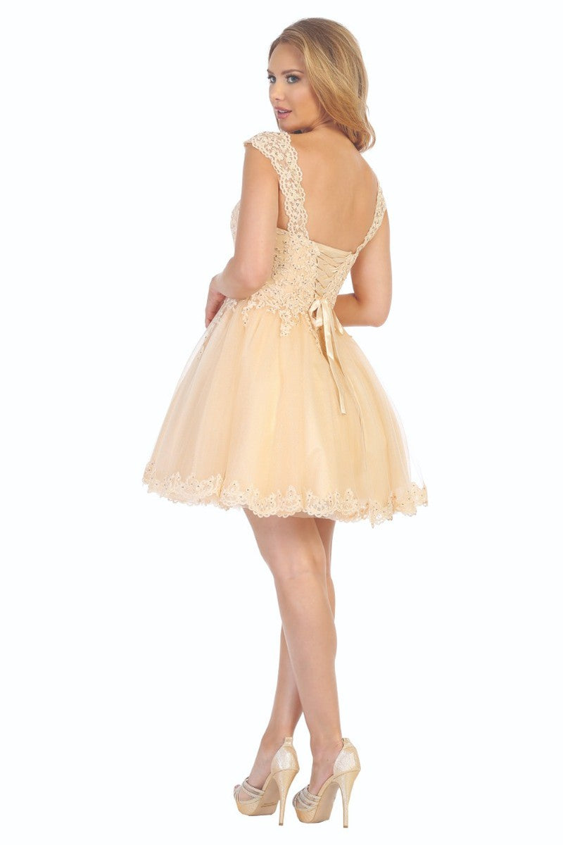 Champagne cap sleeve tulle a-line cocktail dress, back view