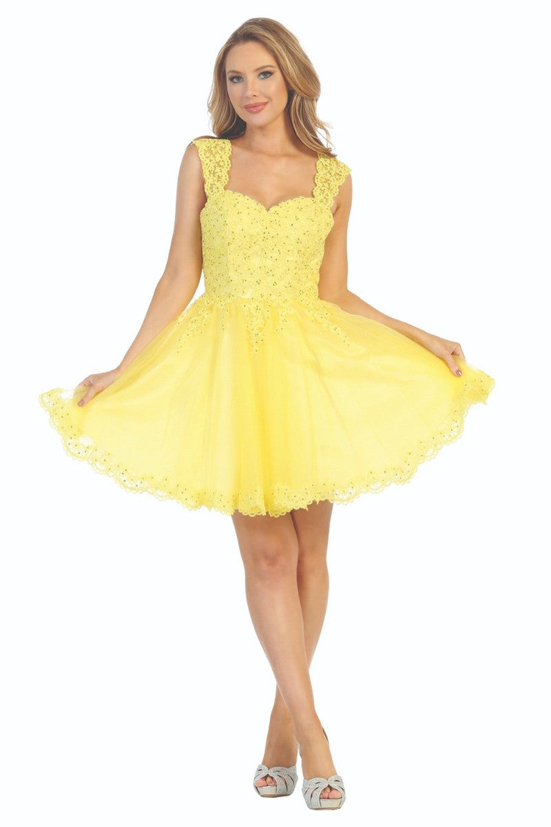 Yellow cap sleeve tulle a-line cocktail dress, front view