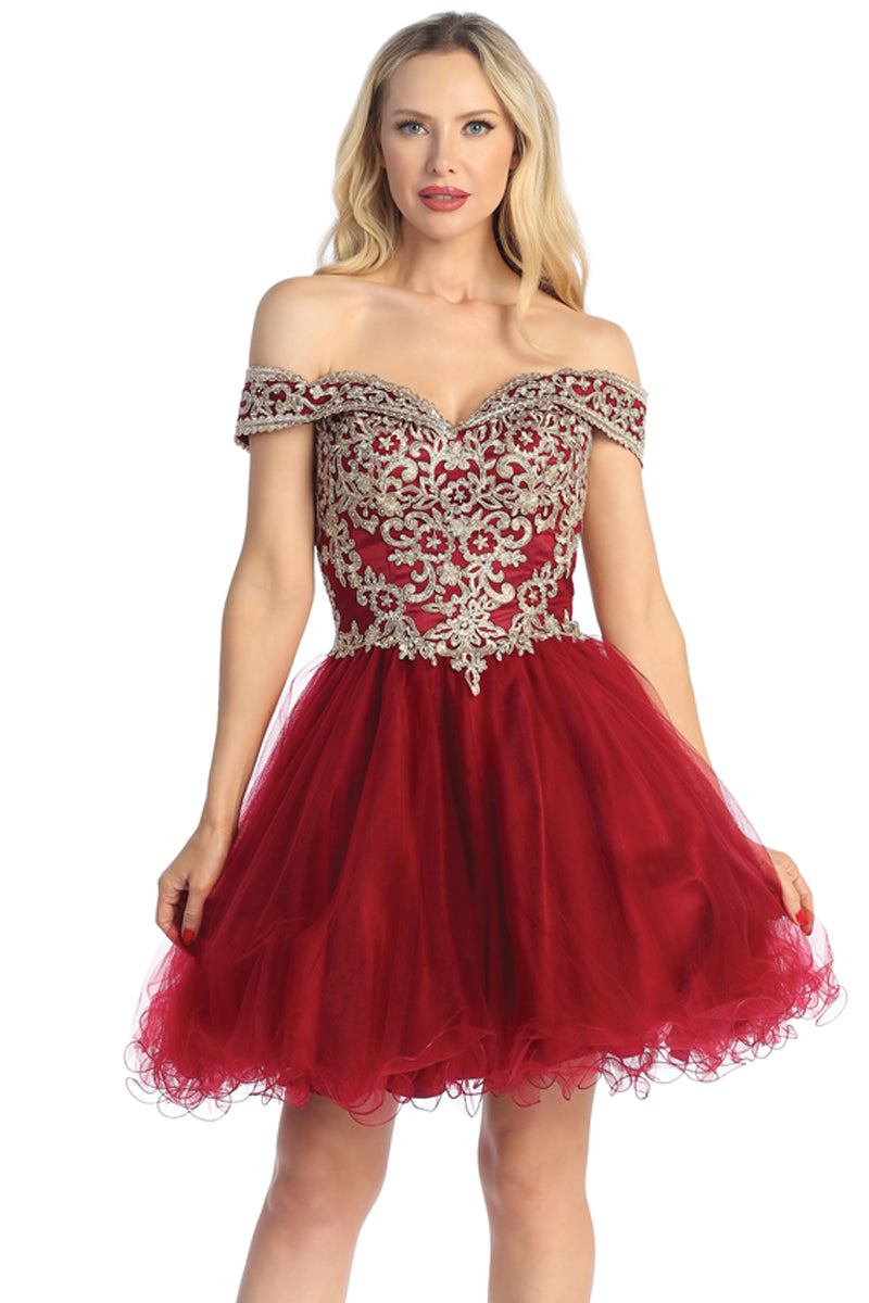 Off Shoulder Beaded Bodice Tulle A-Line Cocktail Dress | 196-247
