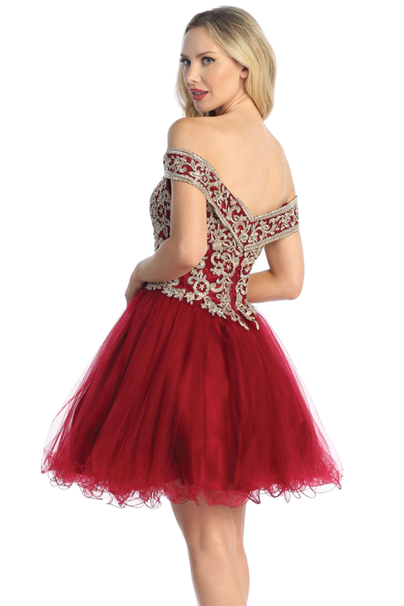 Off Shoulder Beaded Bodice Tulle A-Line Cocktail Dress | 196-247