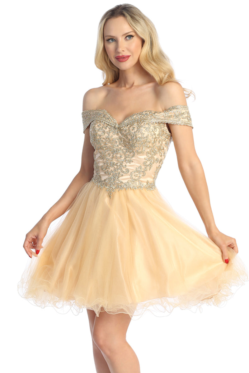 Off Shoulder Beaded Bodice Tulle A-Line Cocktail Dress | 196-247