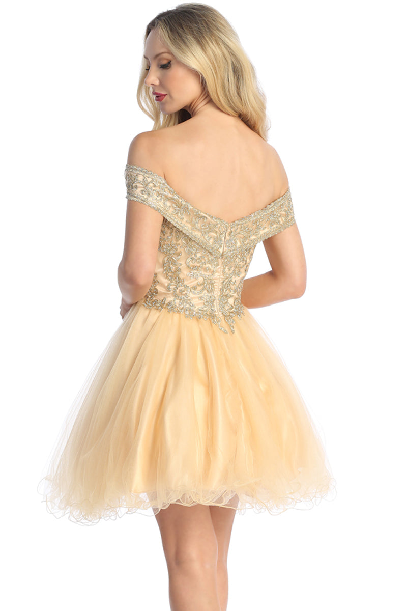 Off Shoulder Beaded Bodice Tulle A-Line Cocktail Dress | 196-247