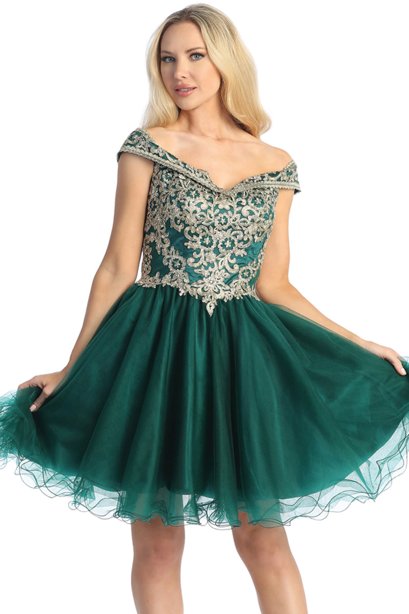 Off Shoulder Beaded Bodice Tulle A-Line Cocktail Dress | 196-247