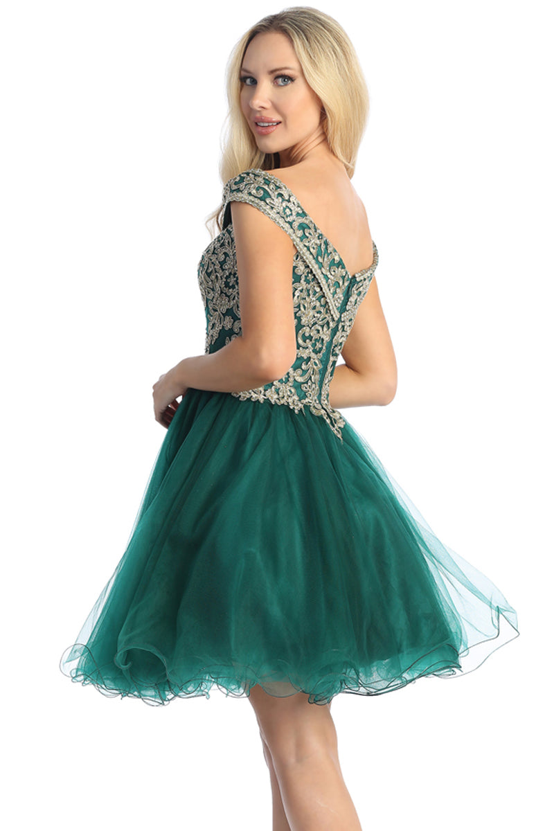 Off Shoulder Beaded Bodice Tulle A-Line Cocktail Dress | 196-247