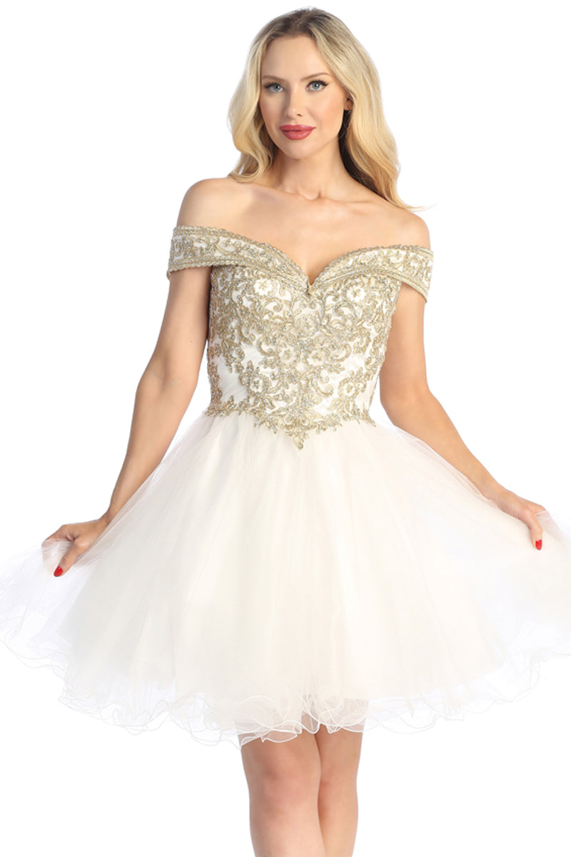 Off Shoulder Beaded Bodice Tulle A-Line Cocktail Dress | 196-247