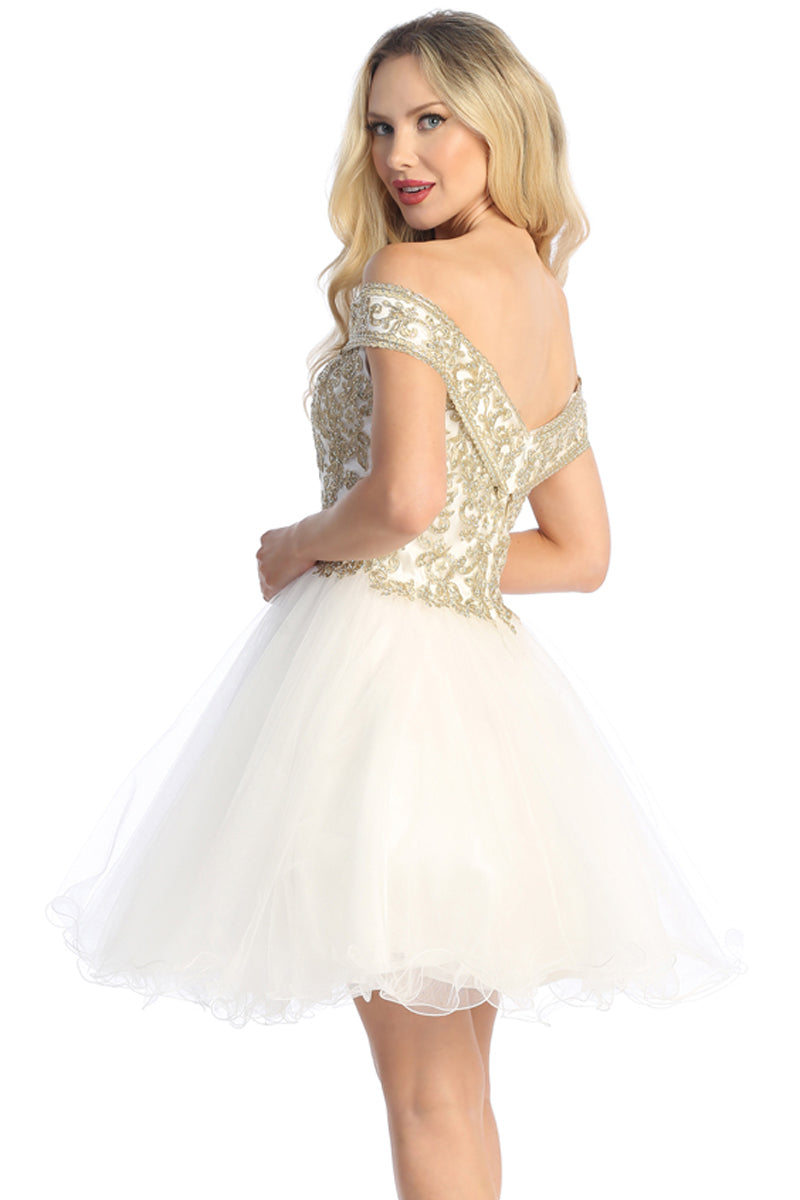 Off Shoulder Beaded Bodice Tulle A-Line Cocktail Dress | 196-247
