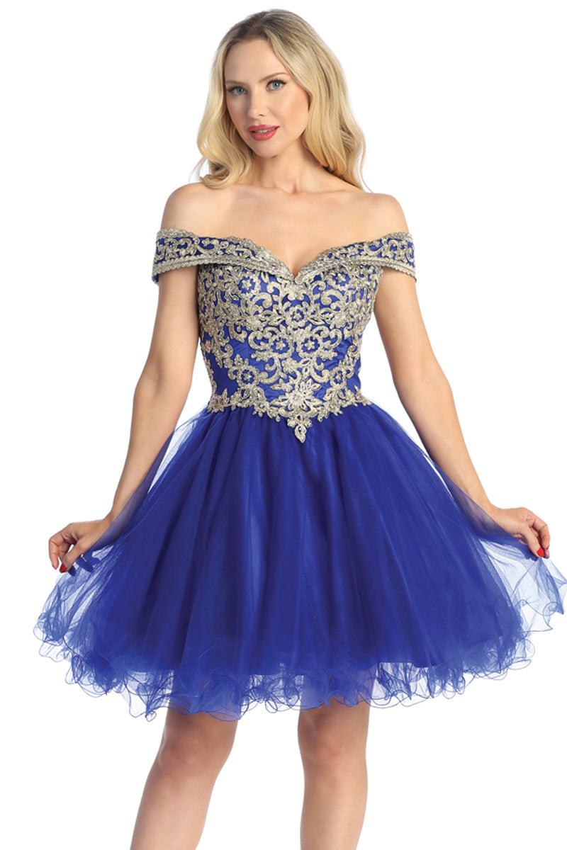 Off Shoulder Beaded Bodice Tulle A-Line Cocktail Dress | 196-247