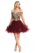 Burgundy off shoulder beaded bodice tulle a-line cocktail dress, front view