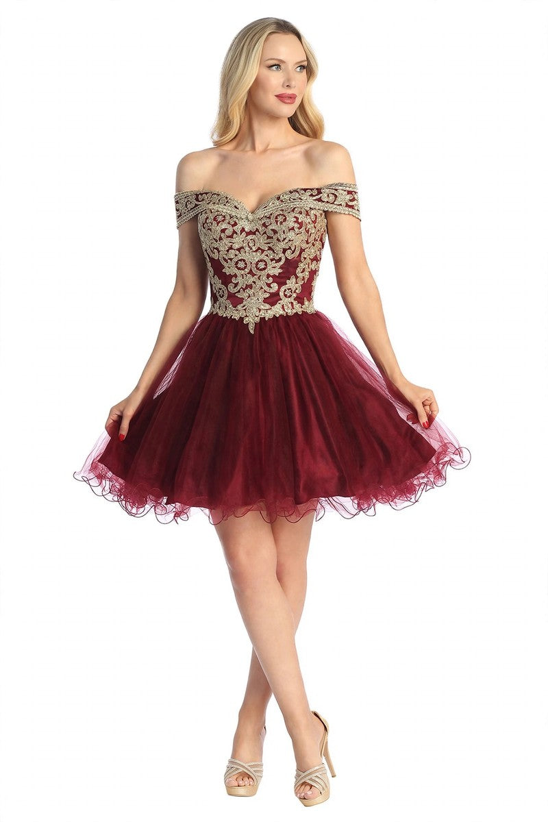 Burgundy off shoulder beaded bodice tulle a-line cocktail dress, front view