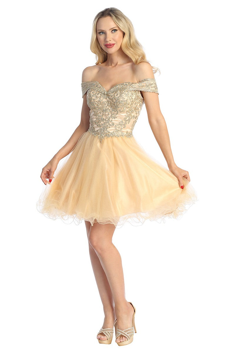 Champagne off shoulder beaded bodice tulle a-line cocktail dress, front view