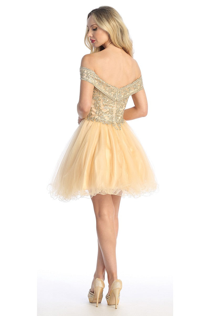 Champagne off shoulder beaded bodice tulle a-line cocktail dress, back view