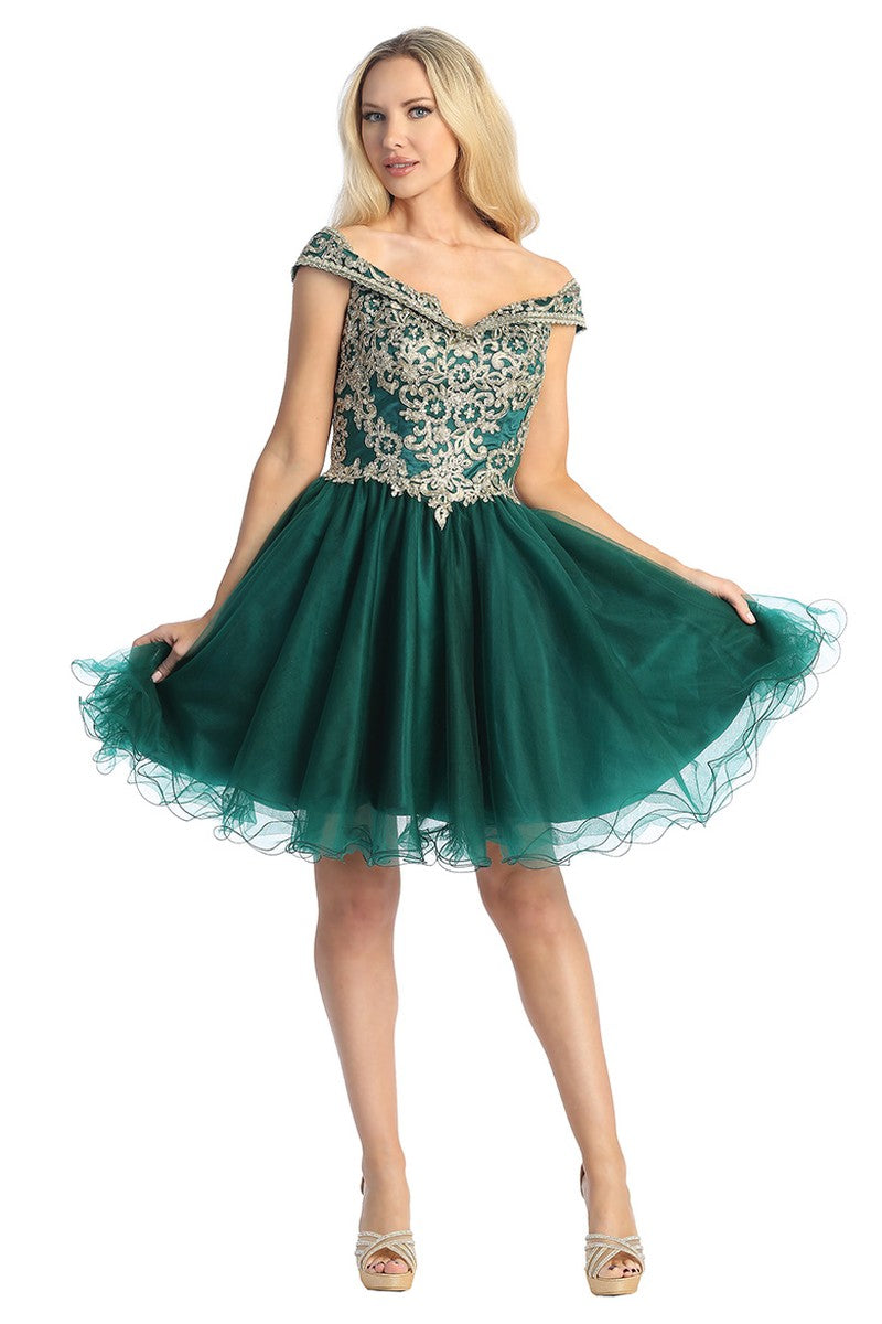 Green off shoulder beaded bodice tulle a-line cocktail dress, front view