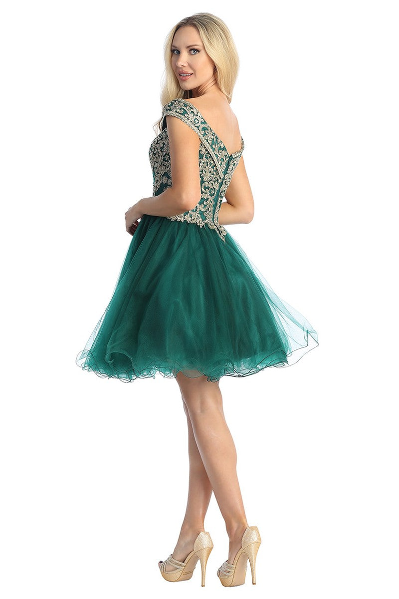Green off shoulder beaded bodice tulle a-line cocktail dress, back view