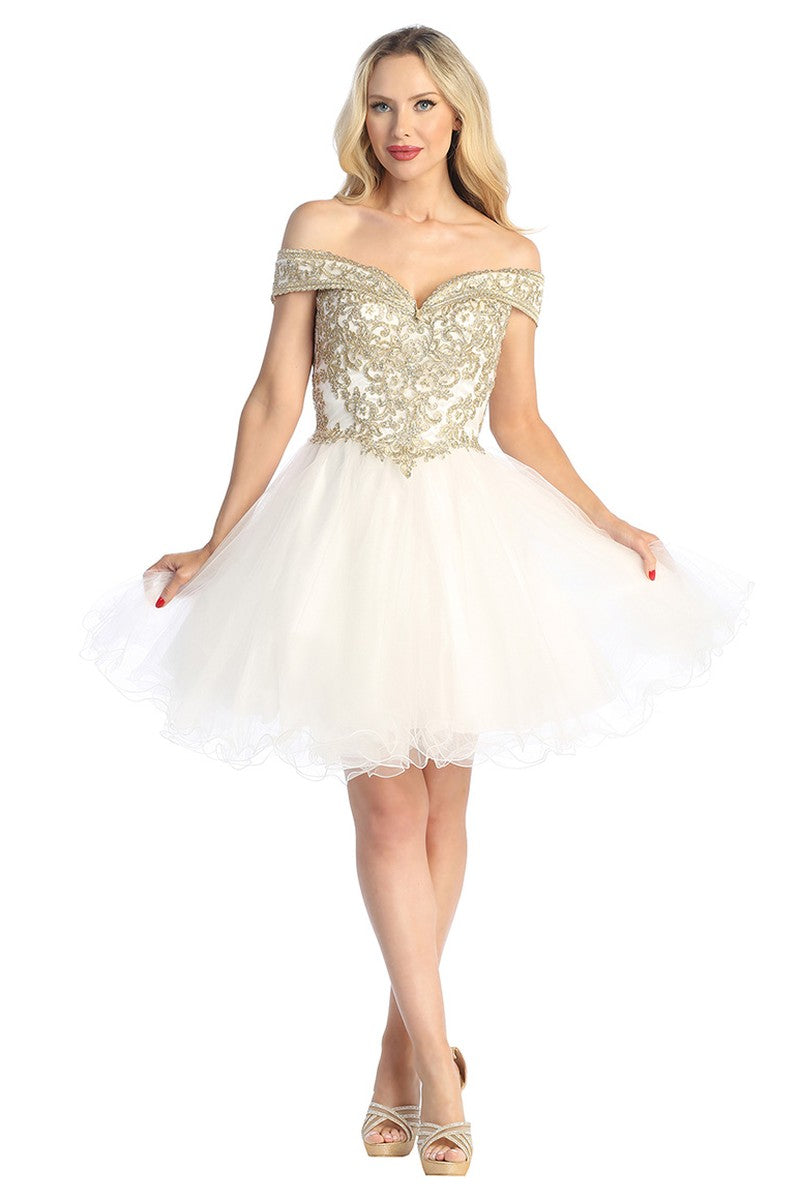Off White off shoulder beaded bodice tulle a-line cocktail dress, front view