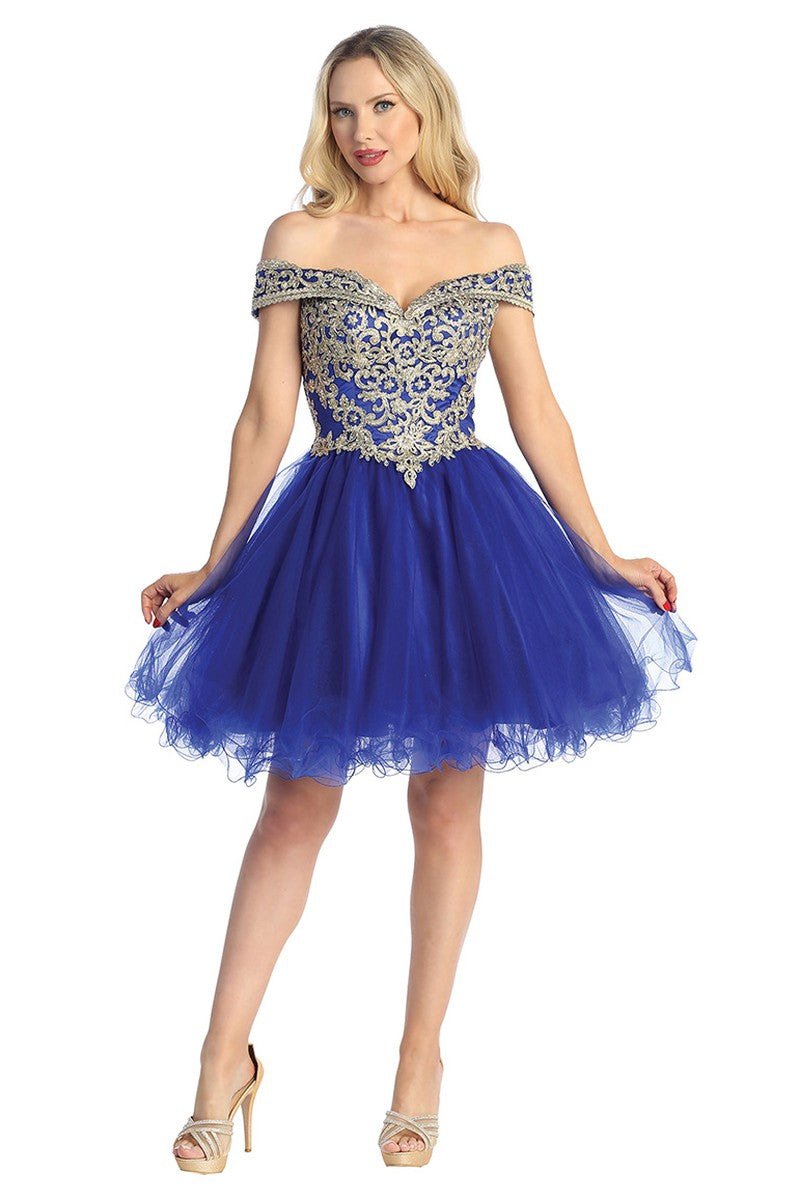 Royal Blue off shoulder beaded bodice tulle a-line cocktail dress, front view
