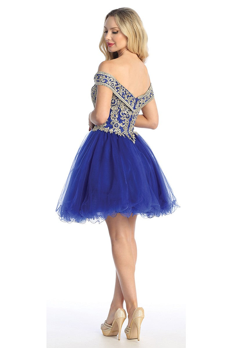 Royal Blue off shoulder beaded bodice tulle a-line cocktail dress, back view