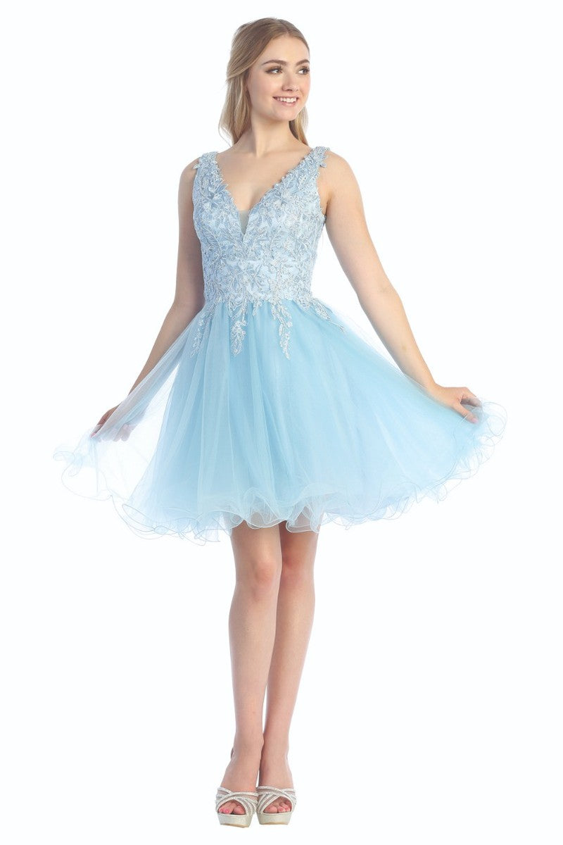 Baby Blue sleeveless tulle a-line cocktail dress, front view